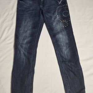 DESIGUAL Womens Graphic Bling Skinny Jeans W30 Blue Cotton Y2K Style